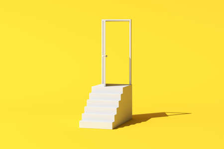 Minimal conceptual scene of white open door and staircase on yellow background. 3D renderingの写真素材