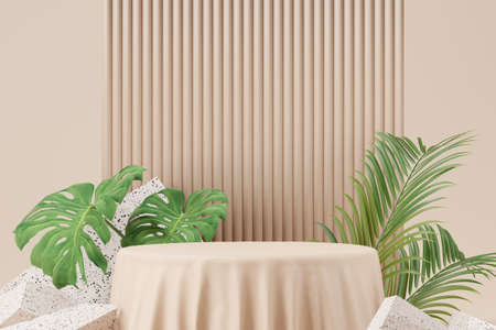 Mock up of stone and small plant forming a product podium, Cosmetic presentation. 3d rendering.の写真素材