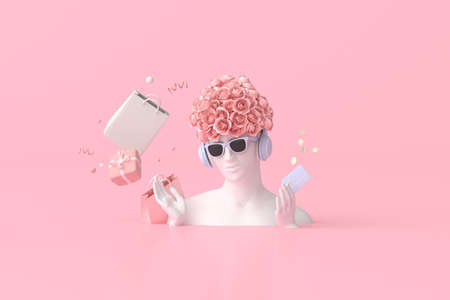 Illustration of  women sculpture with credit card, gift boxes, coins, shopping bags,  3d rendering.