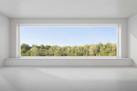 3d render of empty concrete room with large window on nature background.