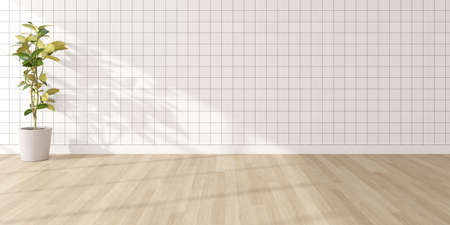3d render of empty room with tile wall and vase of plant on wooden laminate floor.の写真素材