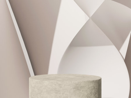 3d illustration of pedestal podium with white abstract dynamic background, showcase of beauty and cosmetics product.の写真素材