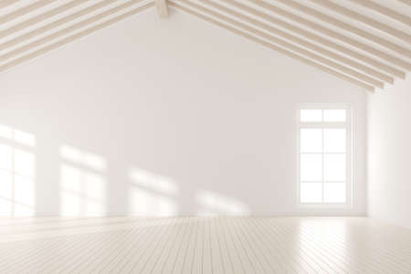 3d rendering of empty minimal room with wooden laminate floor. Modern interior design with window...