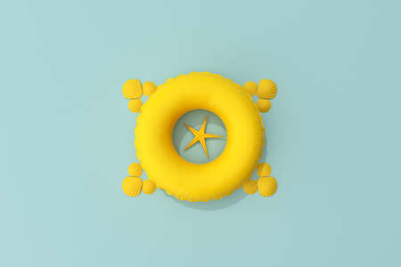 Top view of yellow summer beach concept. Summer accessories, starfish, shell, inflatable ring on green background. 3D rendering.の写真素材
