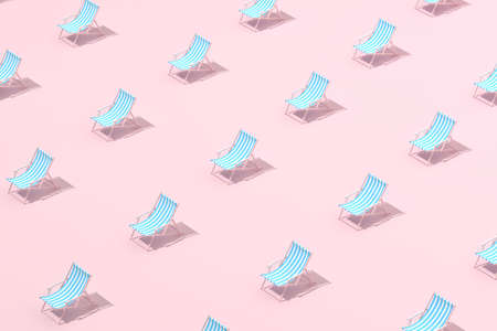 Minimal trendy scene of yellow beach chairs pattern on pink background, 3D rendering.の写真素材