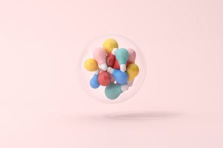 Mockup scene of hands are holding various colorful of  light bulbs in the glass sphere, Minimal concept, 3d rendering.の写真素材