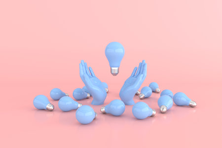 Hands are holding blue light bulbs, Minimal concept, 3d rendering.の写真素材
