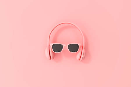 Mockup scene of headphone and sunglasses on coral pink background. Minimal conceptual idea, 3d rendering.の写真素材
