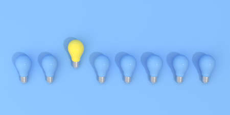 Outstanding of yellow light bulb around blue bulbs , Minimal concept, 3d rendering.の写真素材