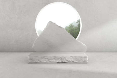 3d render of concrete room with large circle window and stone podium for product presentation. Pedestal or platform.の写真素材