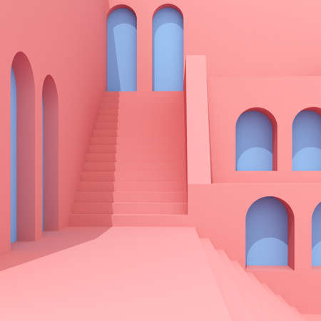 3D Illustration of minimal architecture, Abstract building with stairs.の写真素材