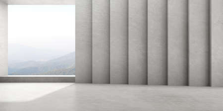 3d render of empty concrete room with large window on nature background.