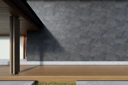 3d rendering of modern building with large stone cladding wall and wooden terrace.