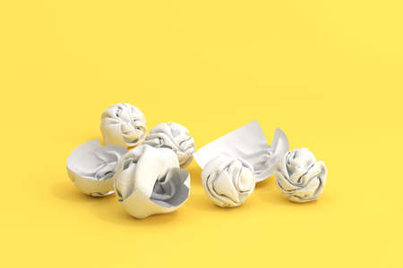 Crumple paper on yellow copy space background. 3d rendering.の写真素材