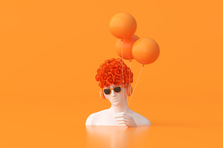 Illustration of women sculpture with rose flower on head is holding balloons on orange background. 3d rendering.の写真素材