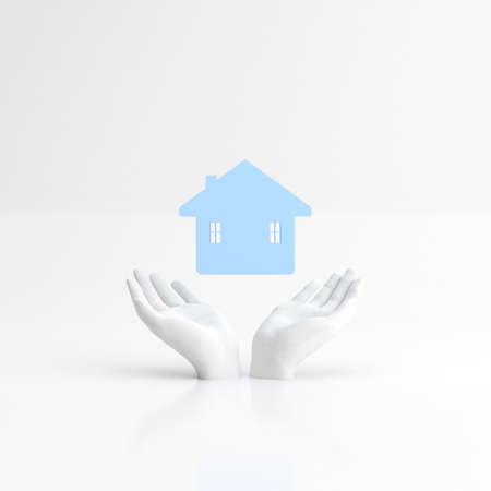 Rendering of hands and mock up floating house Minimal concept, 3d rendering.の写真素材