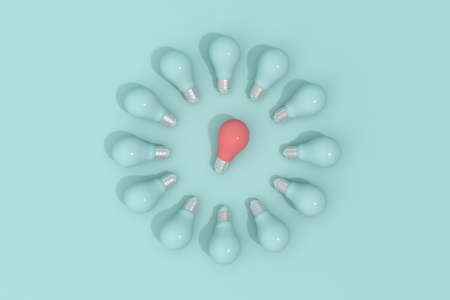 Red light bulb surrounded by circle bulbs , Minimal concept, 3d rendering.の写真素材