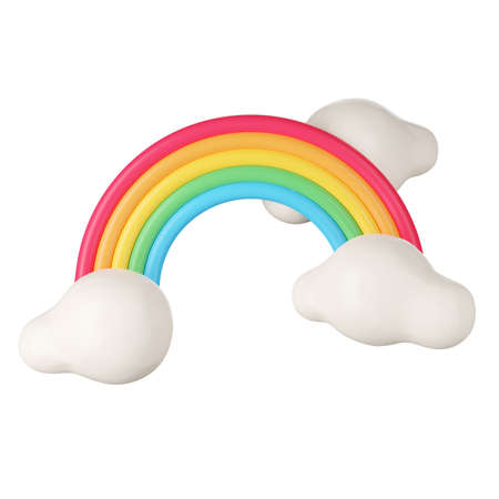 3D render of rainbow and clouds isolated on white.の写真素材