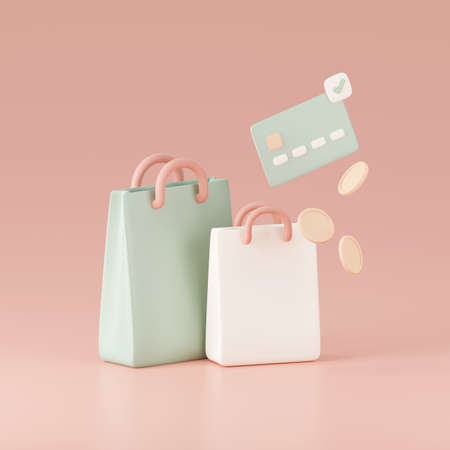 3d render of credit cards and shopping bag with coins, Online payment concept.の写真素材