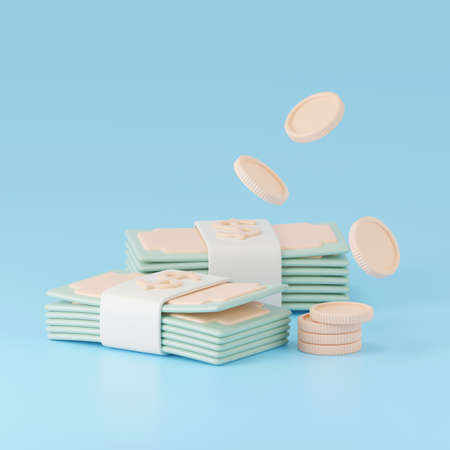 3d render of coins and bundles cash. Financial concept.