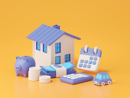 3d rendering of house with piggy bank, calculator, calendar and money, Real estate concept.の写真素材