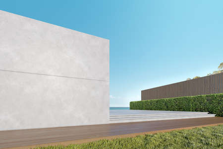 Empty concrete terrace with building wall on sea background. 3d rendering.の写真素材