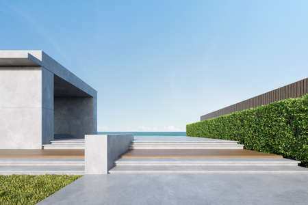 3d rendering of concrete building with wooden terrace on sea background.の写真素材