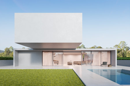 3d rendering of white modern house with marble terrace floor and swimming pool.の写真素材