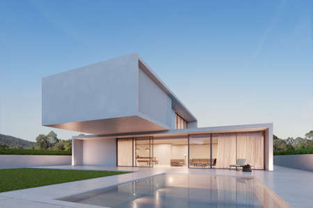 3d rendering of modern luxury house with swimming pool and marble terrace in the night time.の写真素材