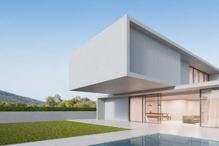 3d rendering of white modern house with marble terrace floor and swimming pool.の写真素材
