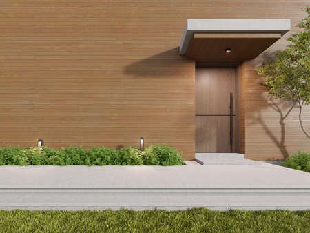 3d rendering of large wooden wall with building entrance door.の写真素材