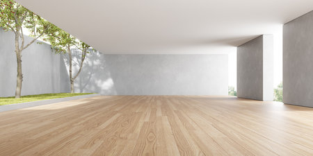 3d rendering of empty room with wooden floor and concrete wall.の写真素材