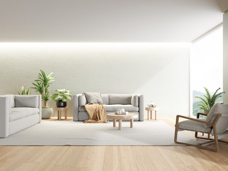 3d rendering of modern living room with sofa on wooden floor. nature background.の写真素材