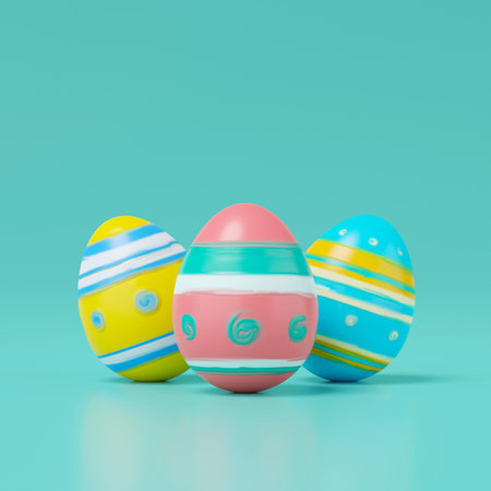3d rendering of easter eggs on green background.の写真素材