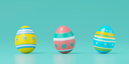 3d rendering of easter eggs on green background.の写真素材