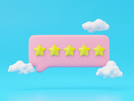 3d render of rating stars in bubble and white cloud isolated on blue background.の写真素材