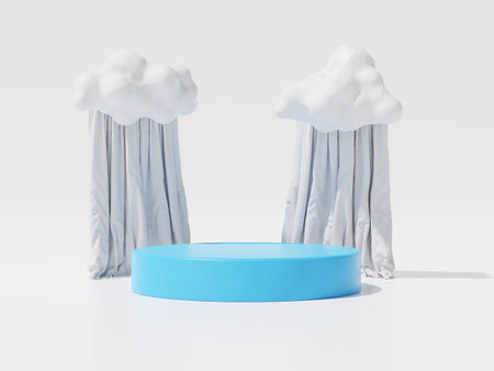 3d render of blue geometry showcase podium and floating cloud with white curtain for product presentation.の写真素材