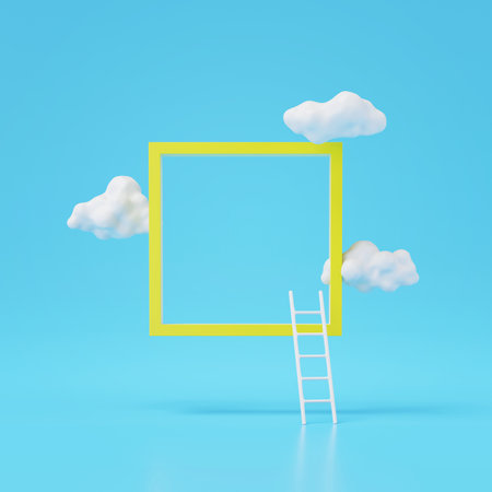 3d render of clouds and square frame with ladder  isolated on blue background.の写真素材