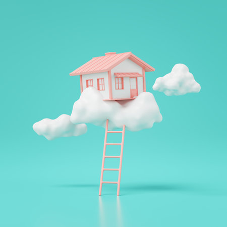 3d render of dream house on the clouds with ladder isolated on green.の写真素材