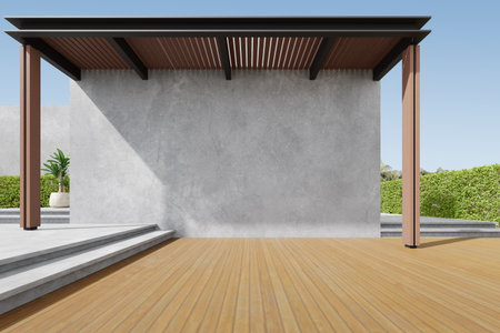 3d render of exterior wooden balcony with large empty concrete wall.の写真素材