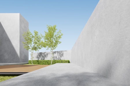 3d render of exterior with wooden terrace and concrete building wall.の写真素材