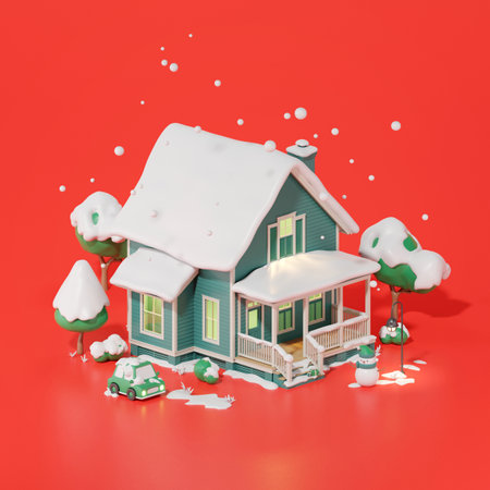 Isometric Christmas house with snow. 3d rendering.の写真素材