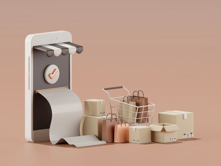 3d render of smartphone with online store and payment receipt, shopping online concept.の写真素材