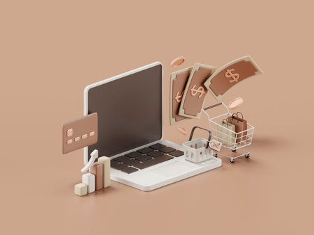 3d render of money and laptop with shopping cart.の写真素材