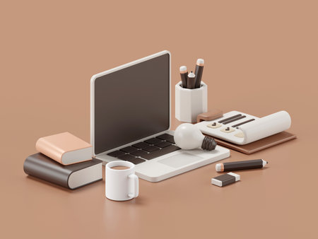 3d rendering of desk with laptop and office accessories.