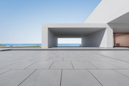 3d render of modern architecture with empty concrete floor, car presentation background.の写真素材