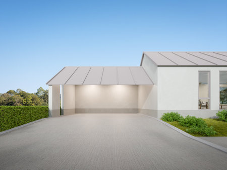 3d rendering of white modern house with garage entrance, Minimal architecture.の写真素材