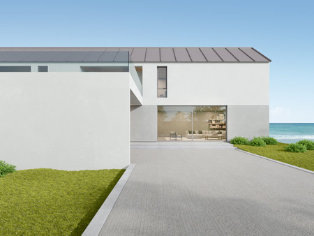 3d rendering of white modern house with green lawn and empty wall, Minimal architecture.の写真素材