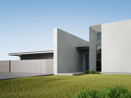 3d rendering of white modern house with garage entrance, Minimal architecture.の写真素材