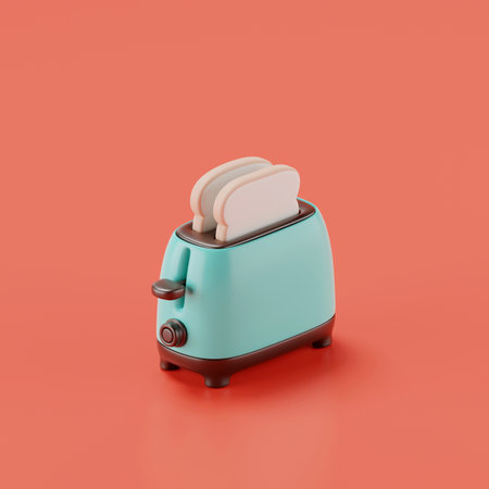 3d render of a toaster and bread isolated on red.の写真素材